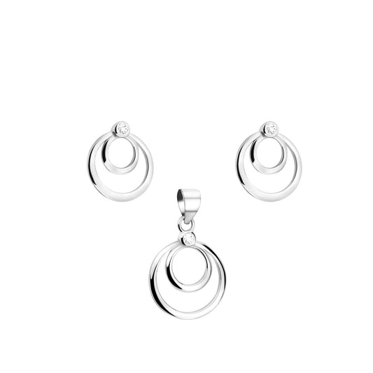 Silver Rhodium Plated Circle Earrings and Pendant with Small CZ - Amona Jewellery