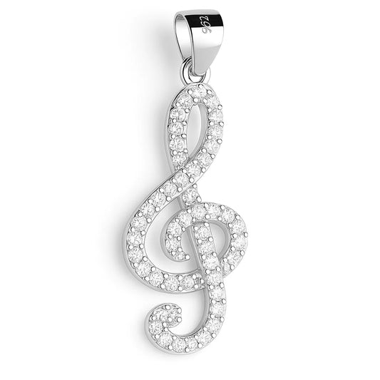 Silver pendant with a treble clef design on a white background