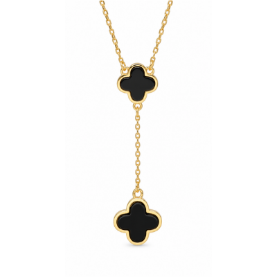 Gold Clover Lariat Necklace with Black Onyx