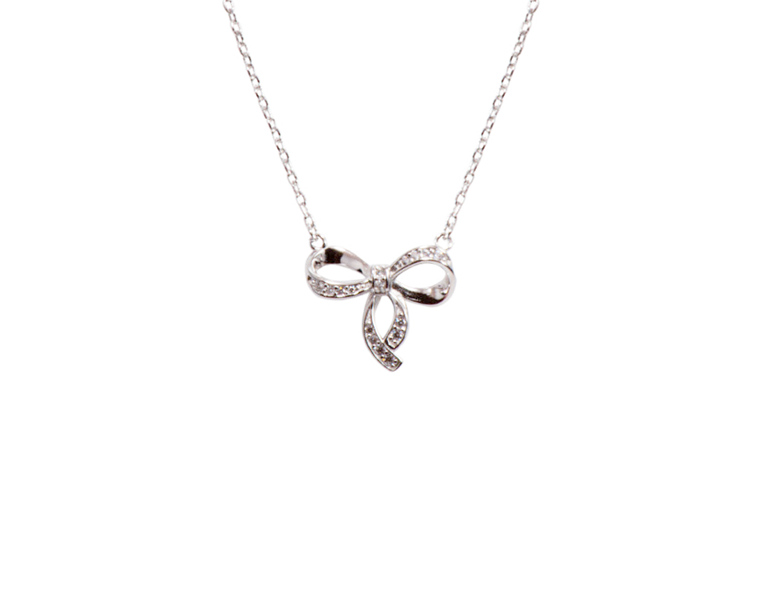 Silver Rhodium Plated Necklace With Bowtie Covered with CZ On A Cable Chain - Amona Jewellery