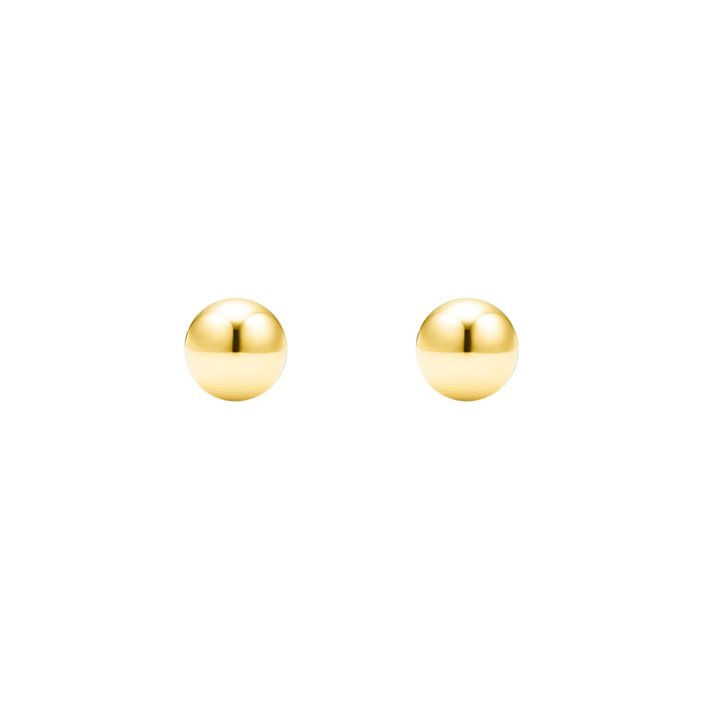 A pair of gold ball stud earrings against a white background