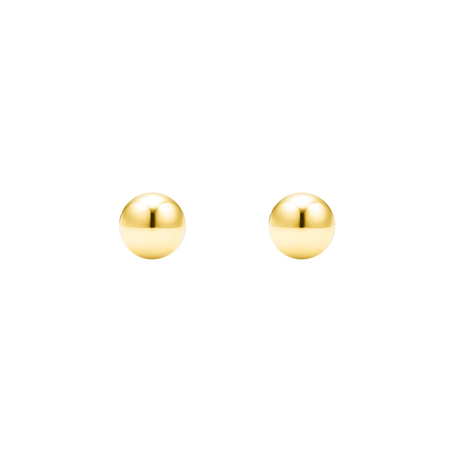 A pair of gold ball stud earrings against a white background