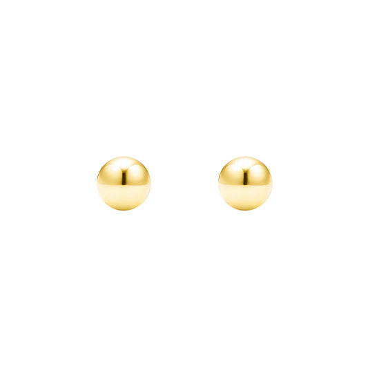 A pair of gold ball stud earrings against a white background
