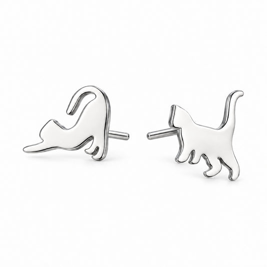 Silver Mismatched Cat Stud Earrings