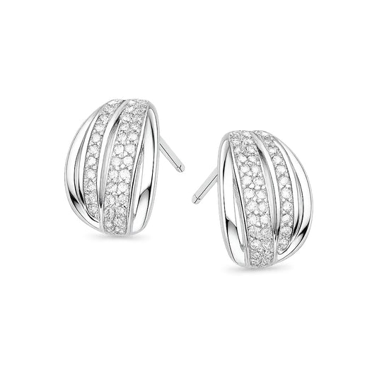 Pair of silver hoop earrings with clear gemstones on a white background