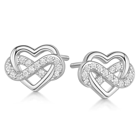 Silver heart-shaped earrings with interlocking design on a white background