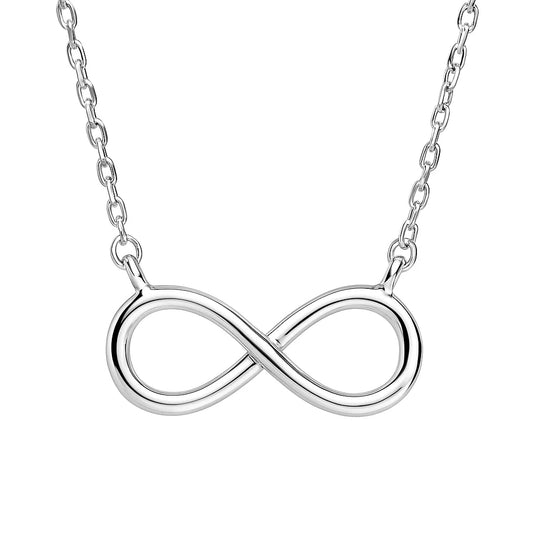 Silver infinity necklace on a white background