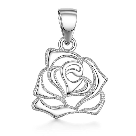 Silver rose-shaped pendant on a white background