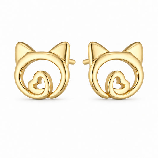 Gold Cat Face Stud Earrings with a Heart