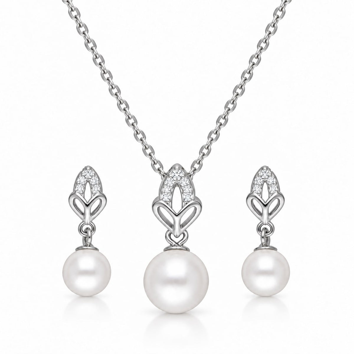 Silver Shell Pearl and Zirconia Set – Pendant and Stud Earrings