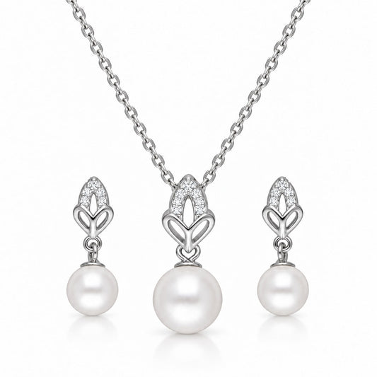 Silver Shell Pearl and Zirconia Set – Pendant and Stud Earrings