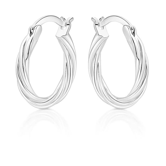 Pair of silver hoop earrings on a white background