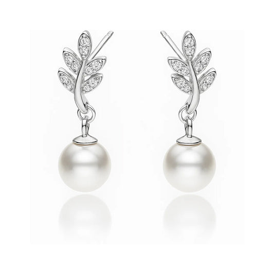 Pair of earrings with pearl drops and leaf-like designs on a white background