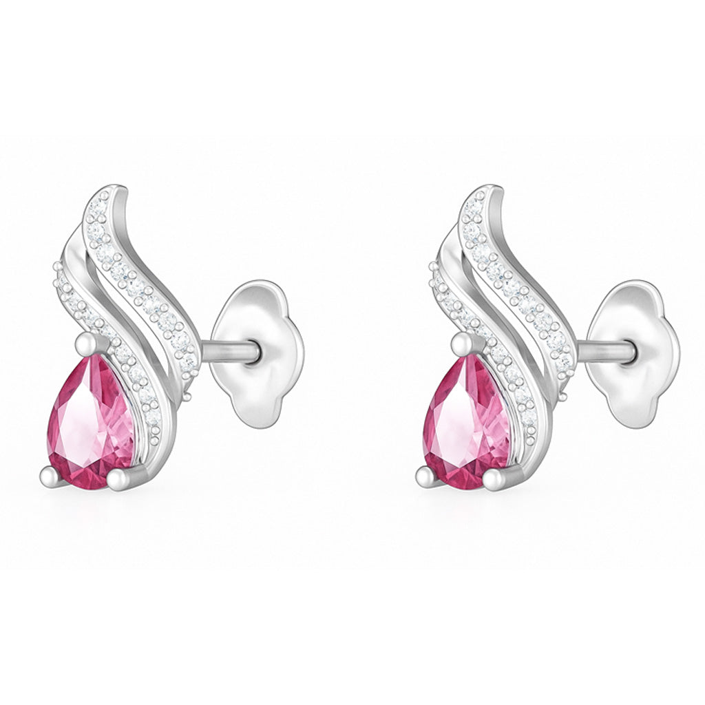 Silver earrings with pink gemstones on a white background