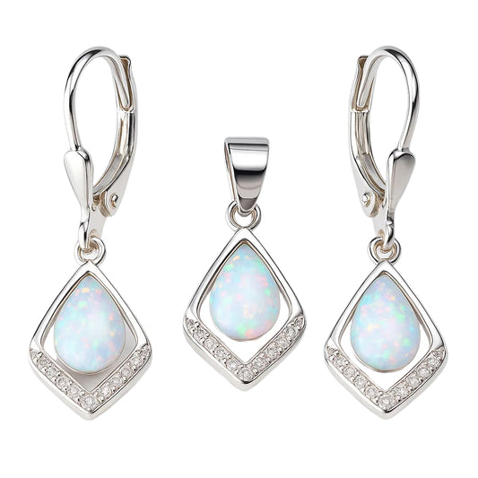 Silver earrings with opal stones on a white background