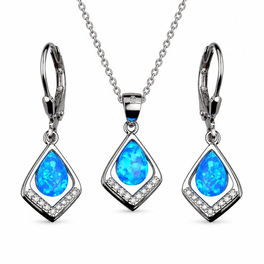 Blue Opal Pendant and Drop Earrings – Three Piece Set