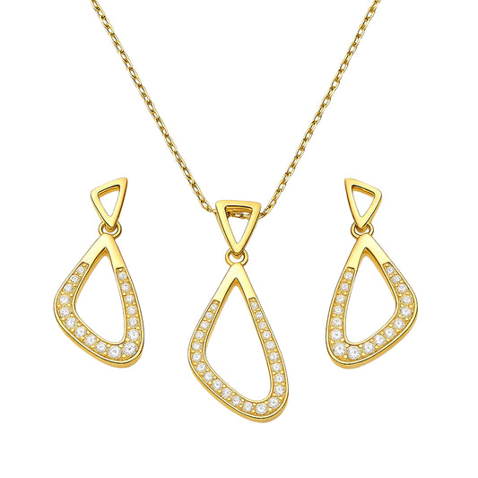 Gold teardrop-shaped jewelry set with chain on a white background