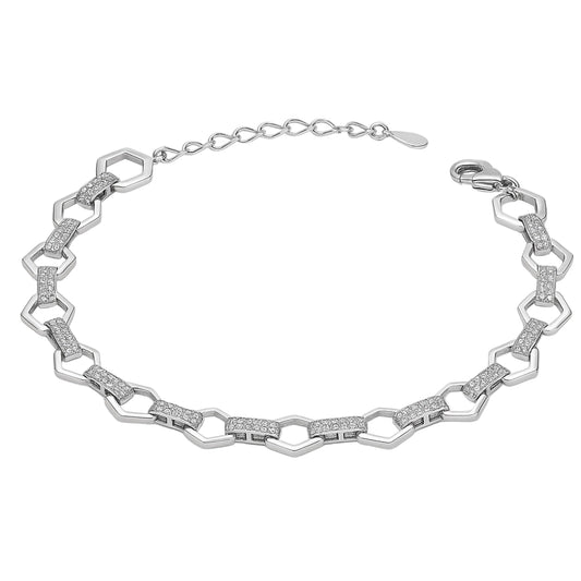 Silver Rhodium Plated Octagonal Chain Bracelet covered with CZ - Amona Jewellery