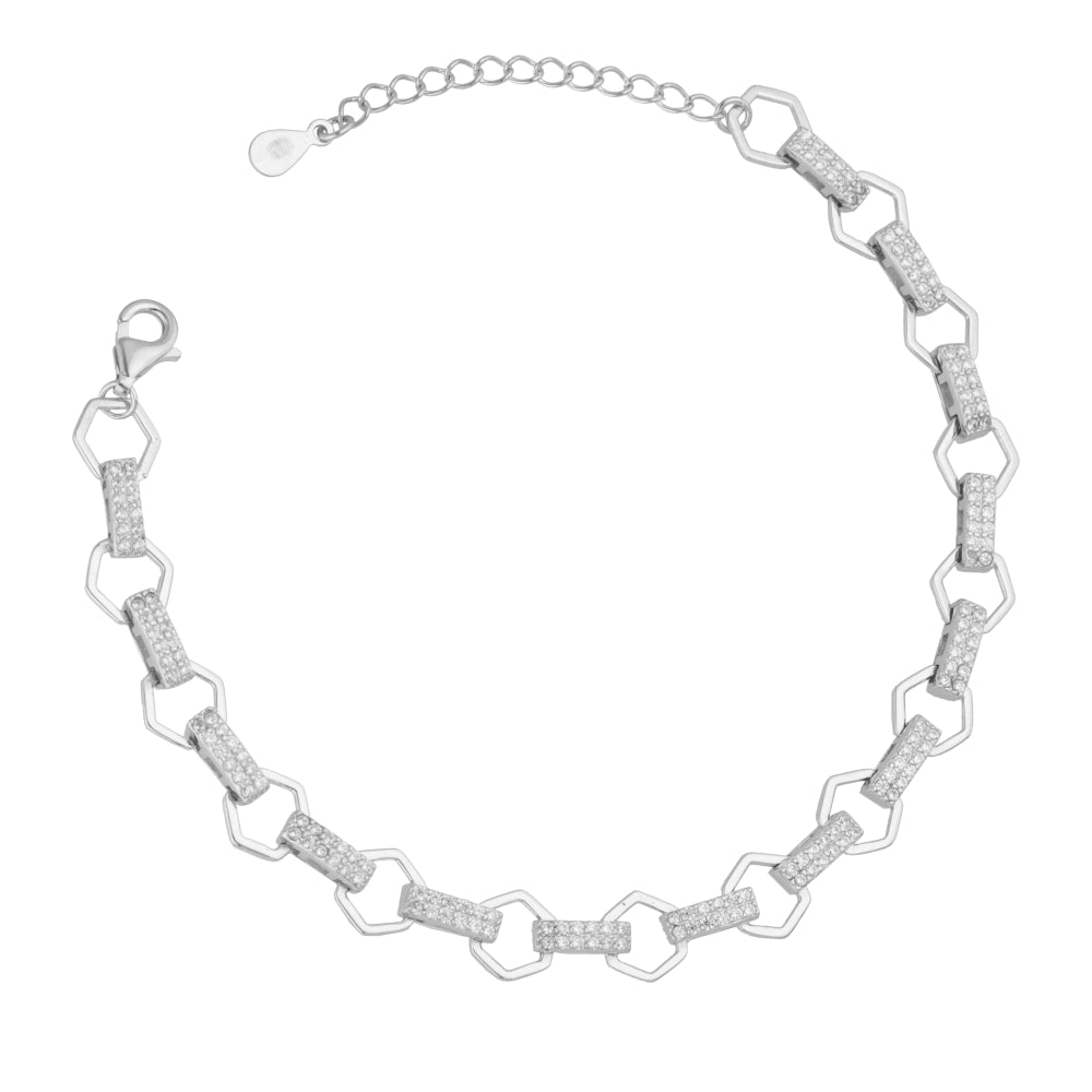 Hexagon Bracelet with Zirconia – Adjustable Silver Chain