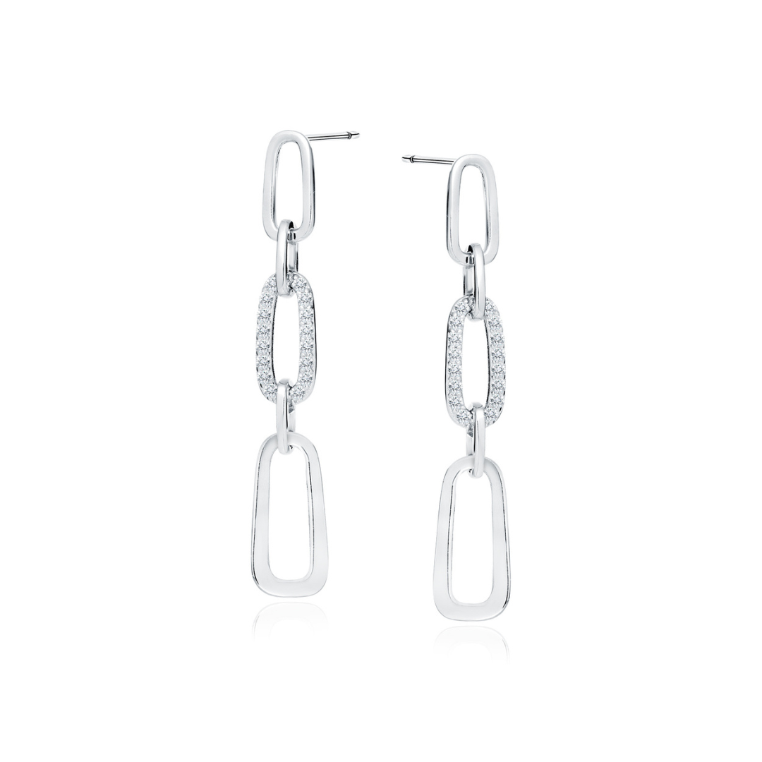 A pair of silver chain link earrings with embedded zirconia crystals, displayed against a white background.