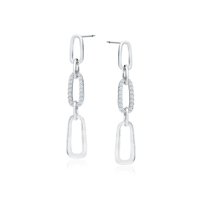 A pair of silver chain link earrings with embedded zirconia crystals, displayed against a white background.