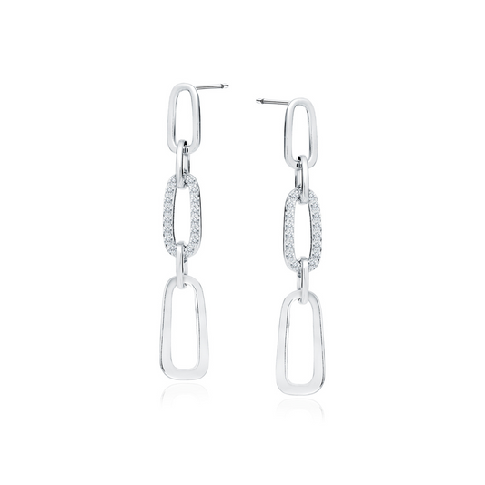 A pair of silver chain link earrings with embedded zirconia crystals, displayed against a white background.