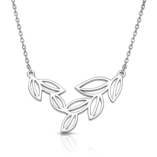 Silver leaf-shaped pendant on a chain against a white background