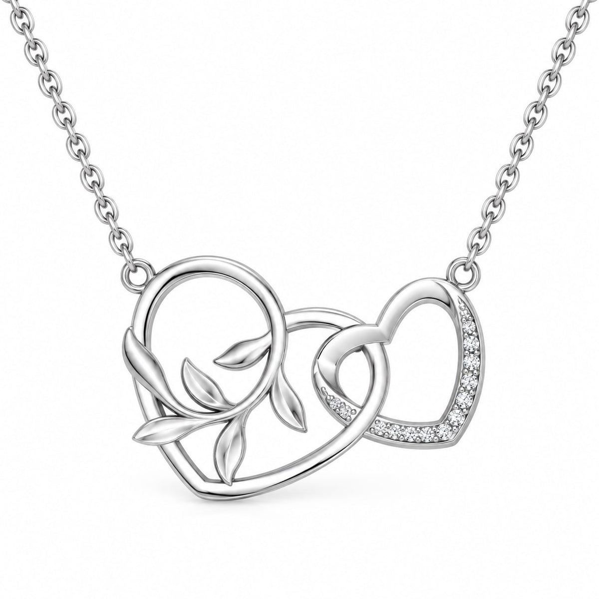 Silver Double Heart Necklace with Leaf Vine
