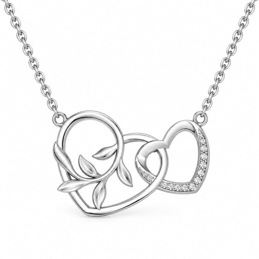 Silver Double Heart Necklace with Leaf Vine