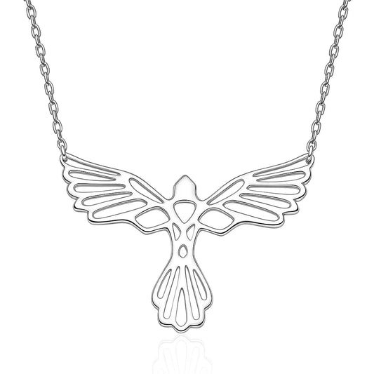 Silver bird-shaped pendant on a chain against a white background