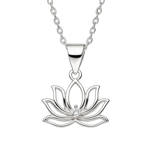 Silver lotus flower pendant necklace on a white background