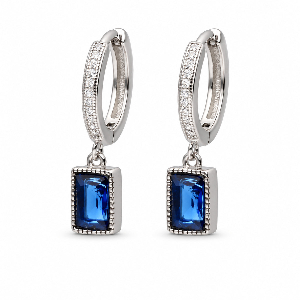 Silver Huggie Drop Earrings with Blue Zirconia