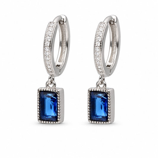 Silver Huggie Drop Earrings with Blue Zirconia