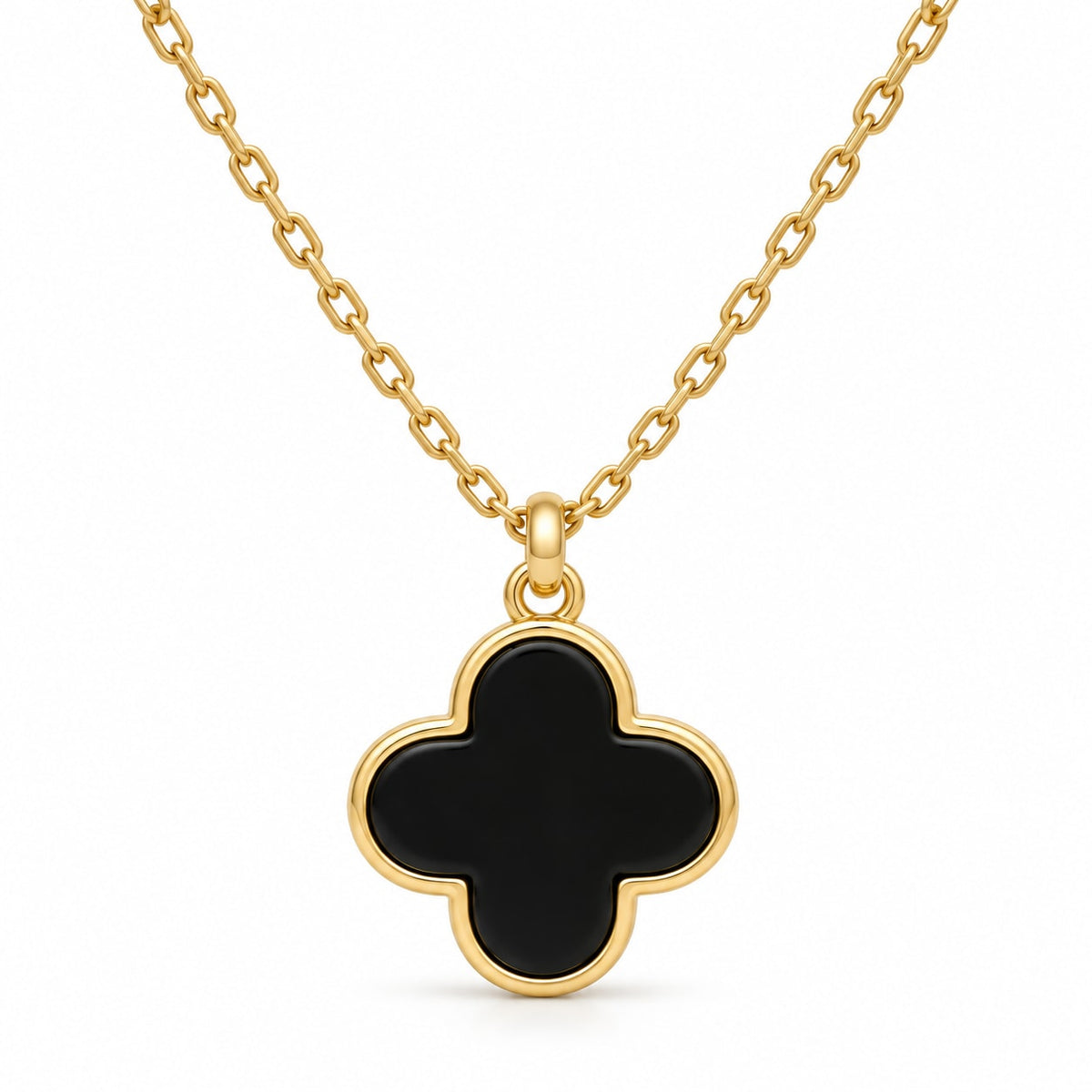 Gold Plated Silver Pendant Necklace – Black Onyx Clover