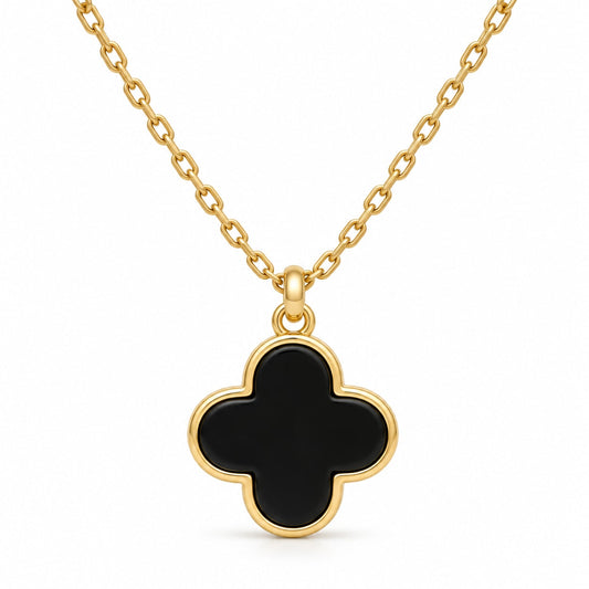 Gold Plated Silver Pendant Necklace – Black Onyx Clover