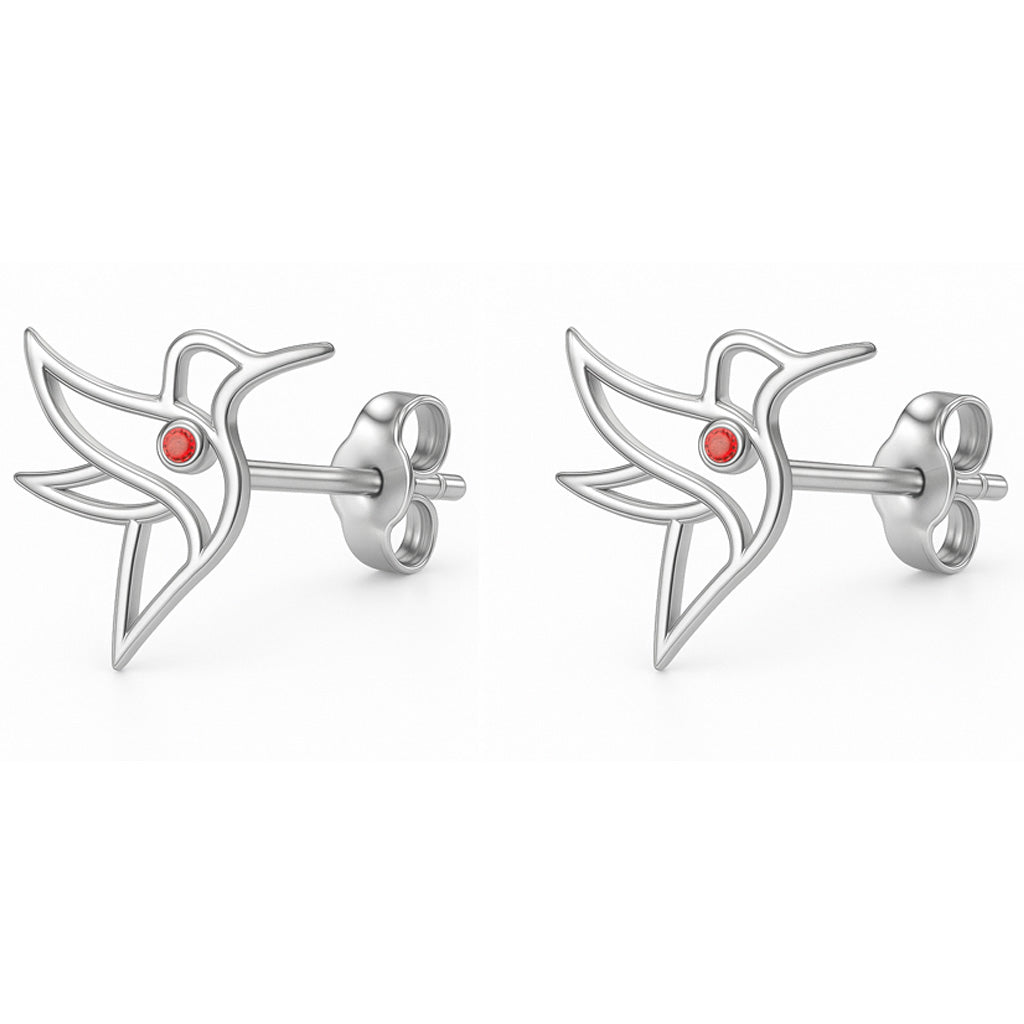Silver bird-shaped earrings with red gemstones on a white background