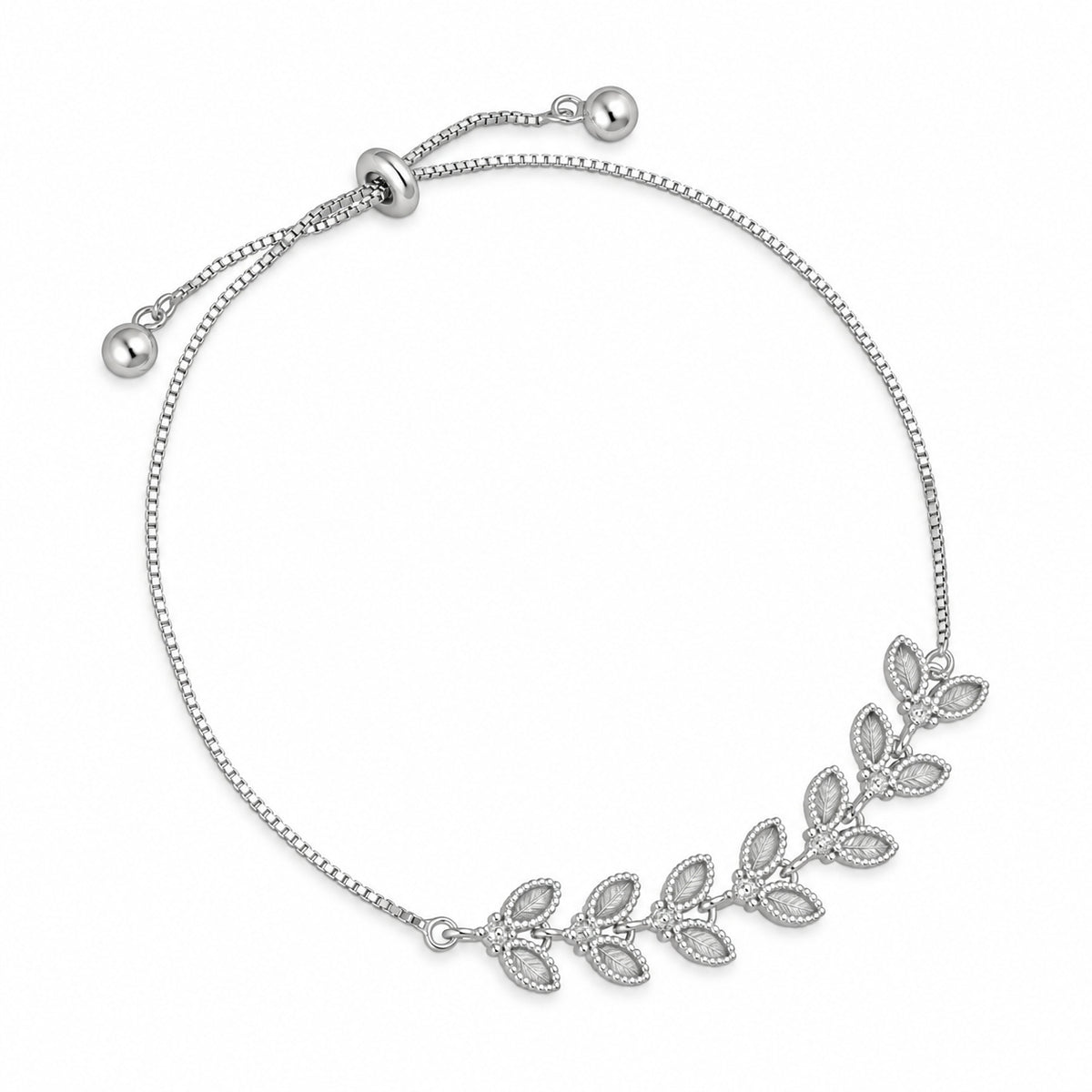 Adjustable Silver Bracelet with Zirconia Leaves