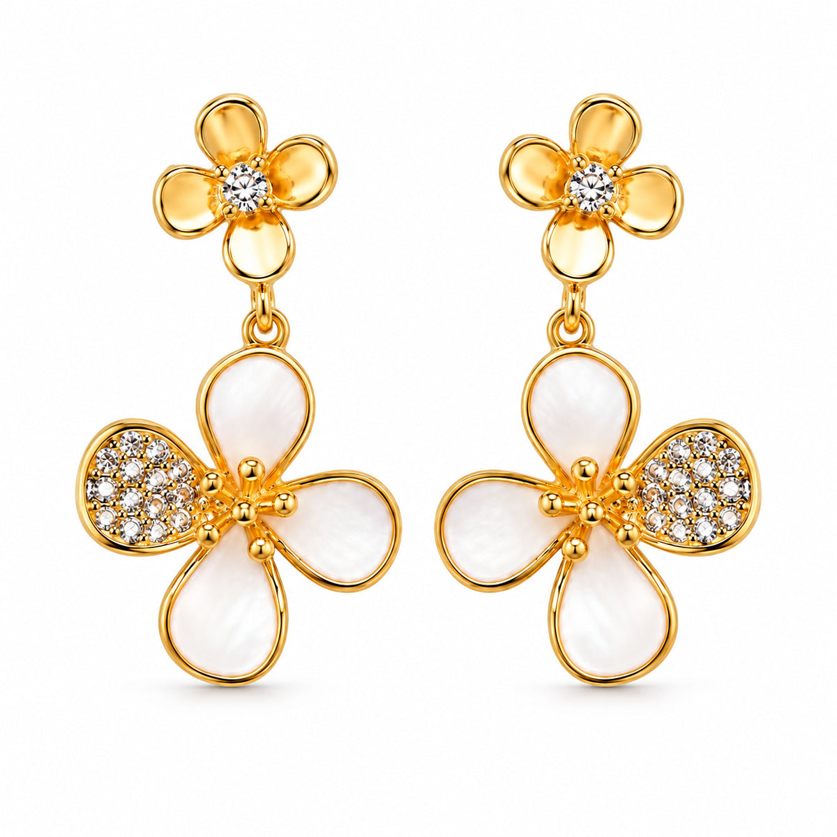 Gold Flower Drop Earrings with Cubic Zirconia