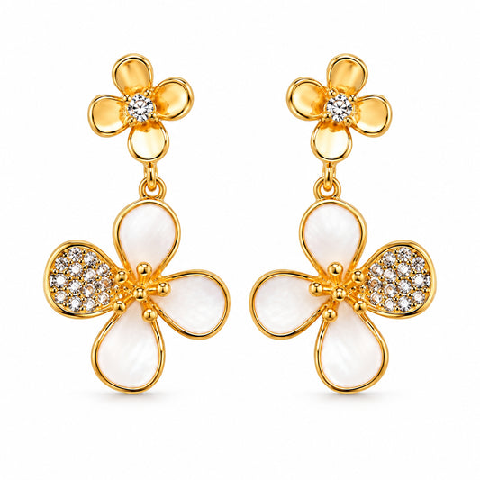 Gold Flower Drop Earrings with Cubic Zirconia