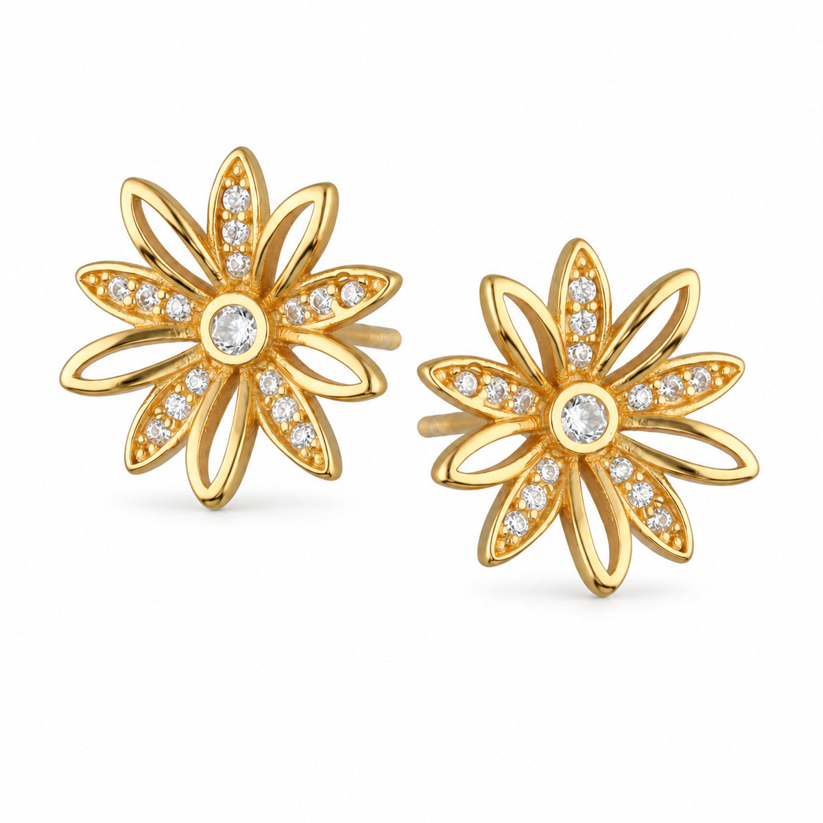 Gold Flower Stud Earrings with Zirconia