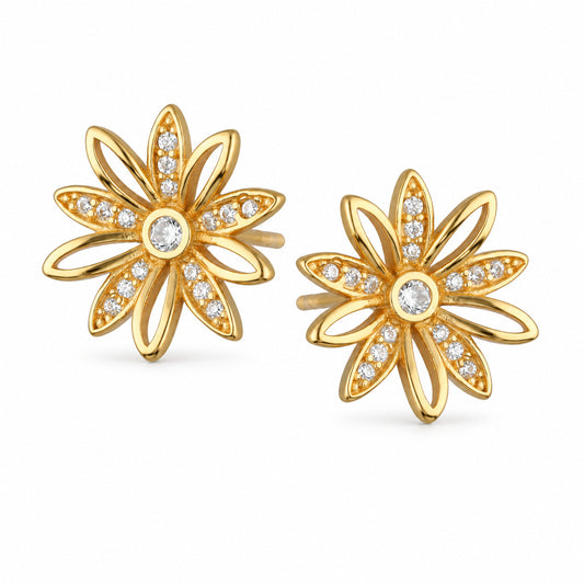 Gold Flower Stud Earrings with Zirconia