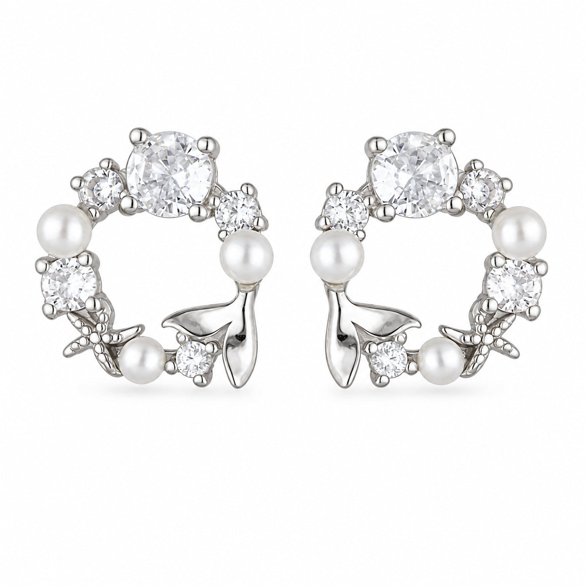 Silver Starfish and Pearl Circle Stud Earrings