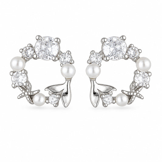 Silver Starfish and Pearl Circle Stud Earrings