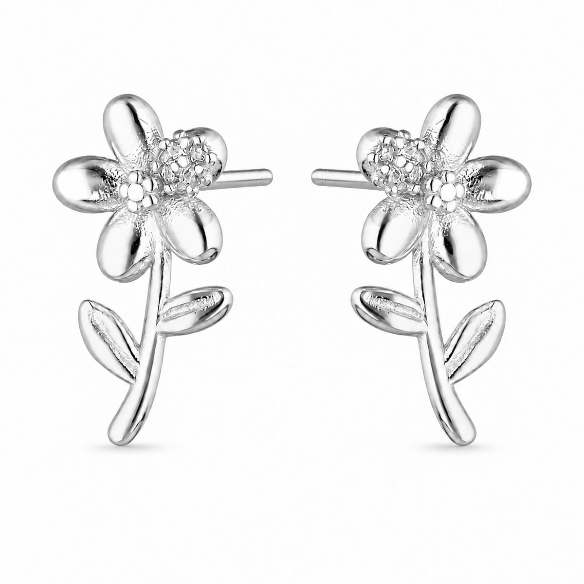 Silver Floral Stud Earrings with Stem and Leaves