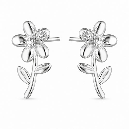Silver Floral Stud Earrings with Stem and Leaves