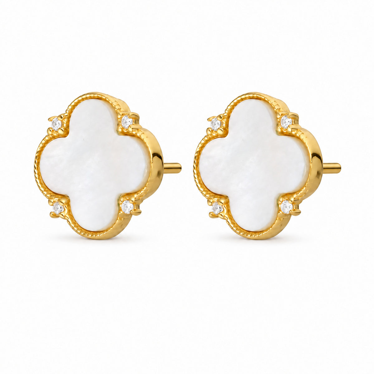 Gold Clover Stud Earrings – Mother of Pearl, Grained Rim