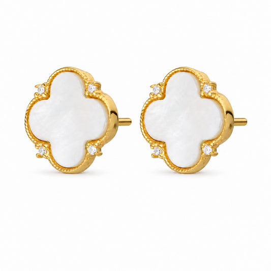 Gold Clover Stud Earrings – Mother of Pearl, Grained Rim