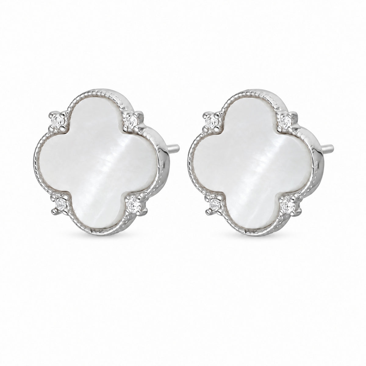 Silver Four Leaf Clover Stud Earrings with Mother of Pearl
