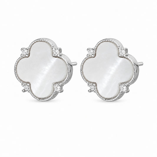 Silver Four Leaf Clover Stud Earrings with Mother of Pearl