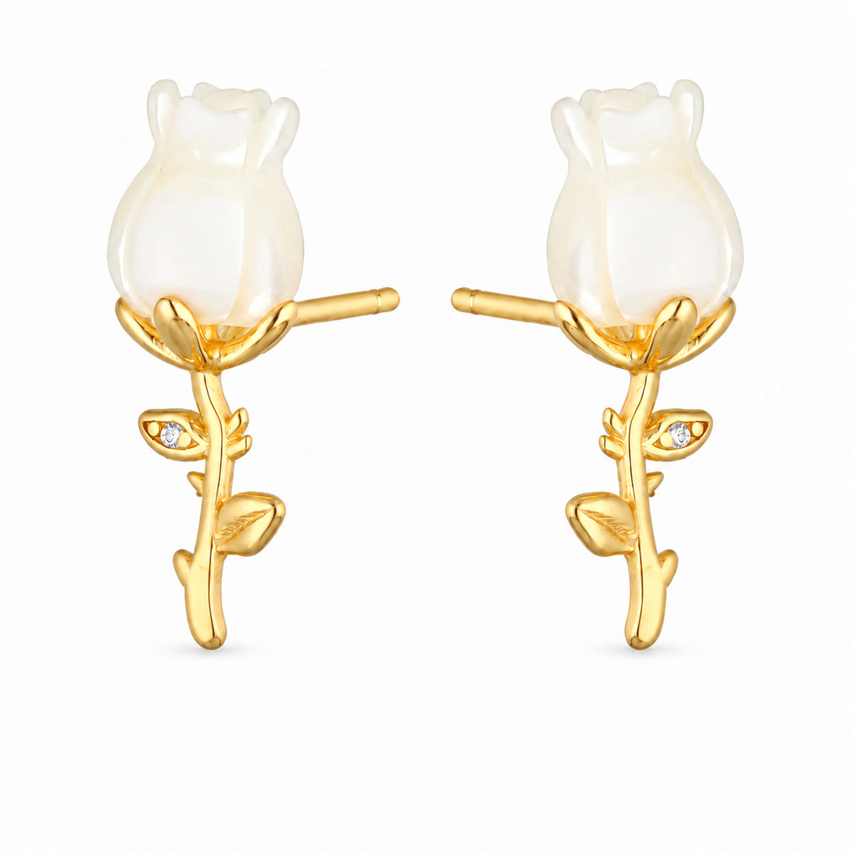 Gold Rose Bud Stud Earrings with White Crystal